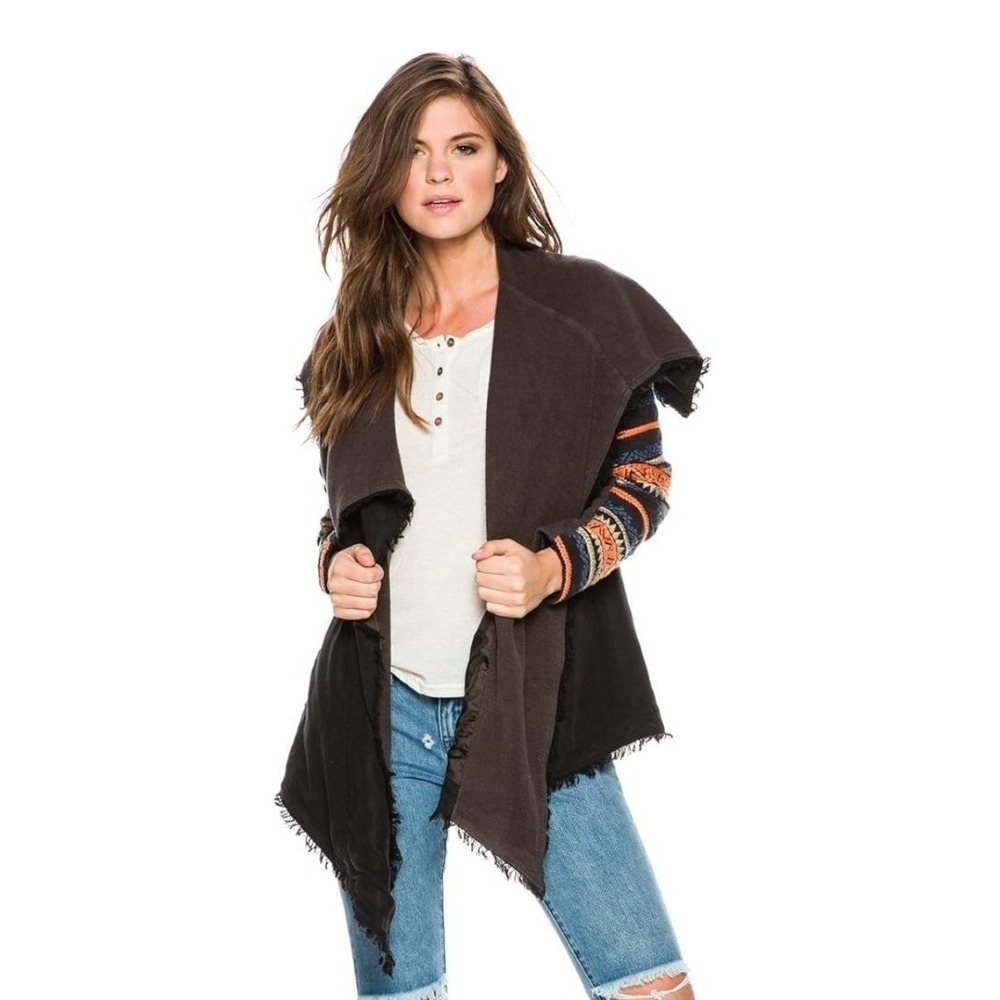 Rip Curl‎ Womens XL Black Open Front Cardigan Jacket Embroidered Sleeves GJKFA7